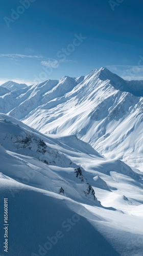 Snow-covered peaks under a bright blue sky, crisp winter landscape