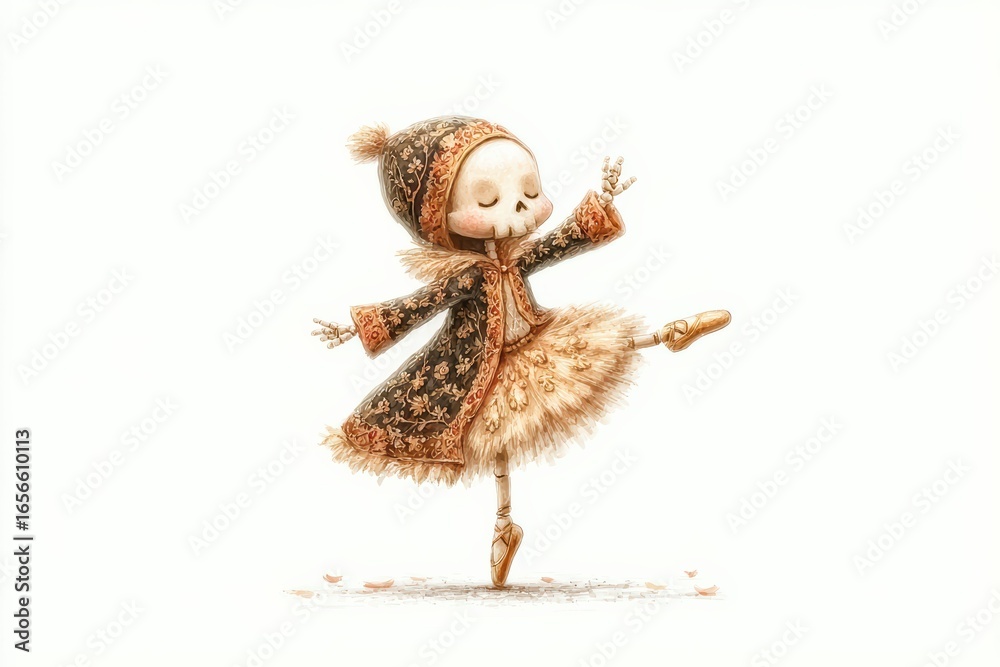 Fototapeta premium Skeleton dressed in ornate ballet costume performs gracefully, blending elegance with gothic surreal style, creates a haunting yet artistic scene.