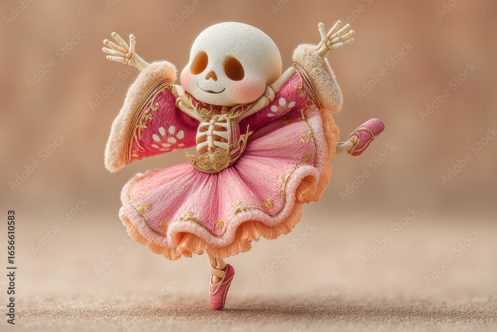 Fototapeta premium Skeleton ballerina styled like circus performer, wearing striped tutu with jester like accessories. Design mixes eerie carnival aesthetics with whimsical dance performance.