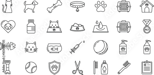 Pet care icons, veterinary tools, dog and cat supplies, grooming kit, pet food, medicine, accessories, health, animal hospital, veterinary
