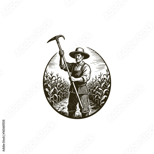 Vector illustration of a traditional farmer standing in the field, holding a hoe, wearing a wide hat and traditional clothes