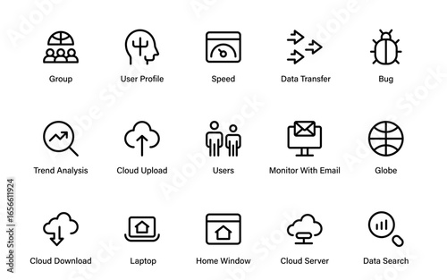 SEO – Search Engine Optimization. Thin‑line icon set for web, digital marketing, ranking, analytics, and website growth. Simple vector symbols for strategy and development.