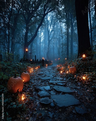 Halloween pumpkins in a dark forest at night