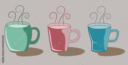 Three colorful coffee cup with steam rising, creating warm and cozy atmosphere on neutral background