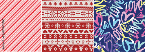 Festive Holiday Seamless Pattern Set - Christmas Nordic Knit, Candy Cane Stripe, and Valentine's Graffiti Love