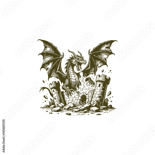 Engraving style illustration of a fierce dragon with wings spread, breathing fire and destroying a medieval stone castle