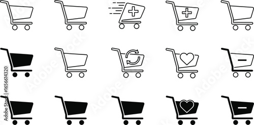 Shopping cart icons, e-commerce, online store, retail, add to cart, remove, checkout, buy, purchase, shop, digital marketing, business