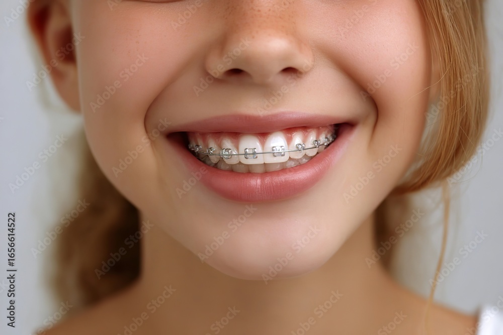 Obraz premium Close-up of teenage girl smiling with dental braces