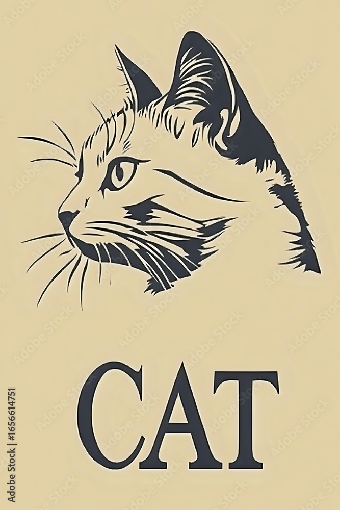 Obraz premium Minimalist cat portrait silhouette with text on beige background, artistic line drawing style showing feline profile with whiskers and detailed fur texture.