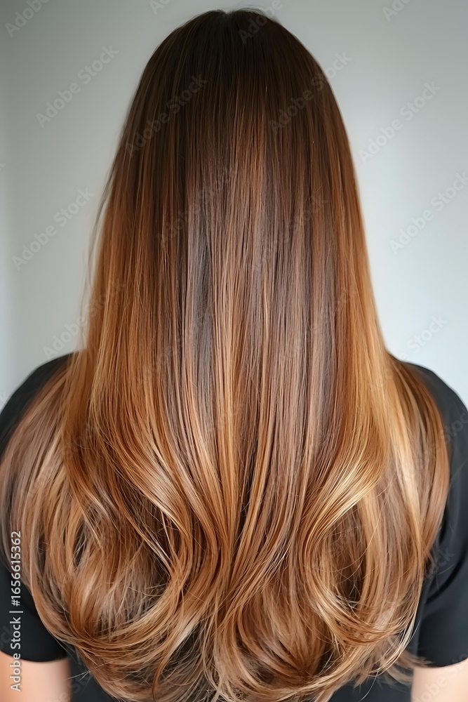 Naklejka premium Long straight caramel blonde hair with smooth ombre transition from dark roots to light ends, showing professional hair coloring technique and healthy shine.
