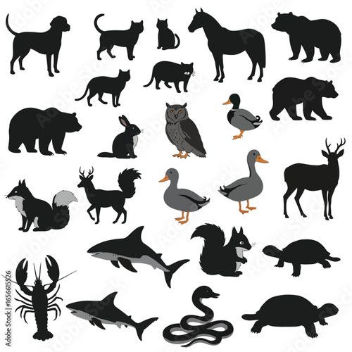 Assortment of animal silhouettes including mammals birds and marine life Keywords: animals, wildlife, silhouette, mammals, birds, marine life, dog