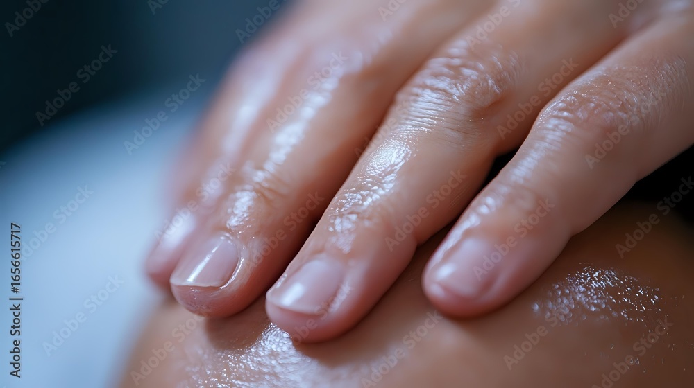 Fototapeta premium Close up view of moisturized female hands with natural manicure and healthy nails on soft blurred background showing skincare and beauty treatment results.