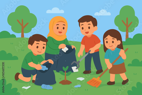 A group of activists working together to collect and clean up trash in a garden cute vector children illustration