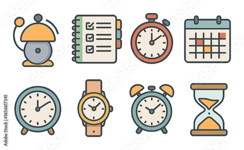Colorful icon set featuring clocks, calendar, stopwatch, checklist, and hourglass illustrations