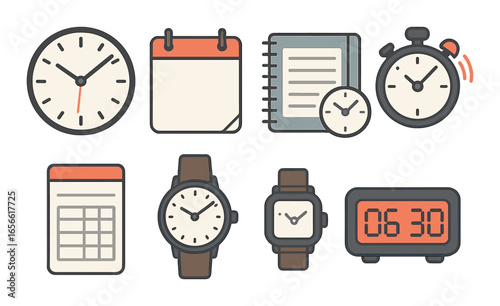 Collection of timekeeping icons including clocks, calendars, and stopwatches