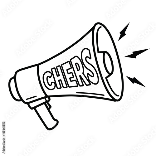 Black outline drawing of a megaphone with the word CHERS