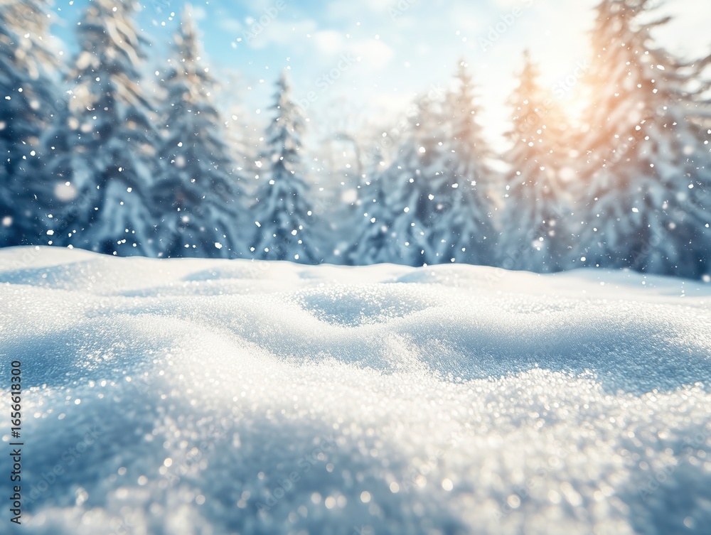 Fototapeta premium Winter Snowscape Space Background with Falling Snowflakes and Minimalist Geometry on Transparent Layer 