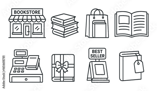 Bookshop icon set: bookstore, books, shopping, bestseller, cash register