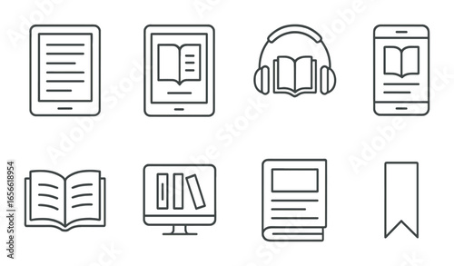 Digital reading icons: e-reader, audiobook, smartphone, computer, bookmark