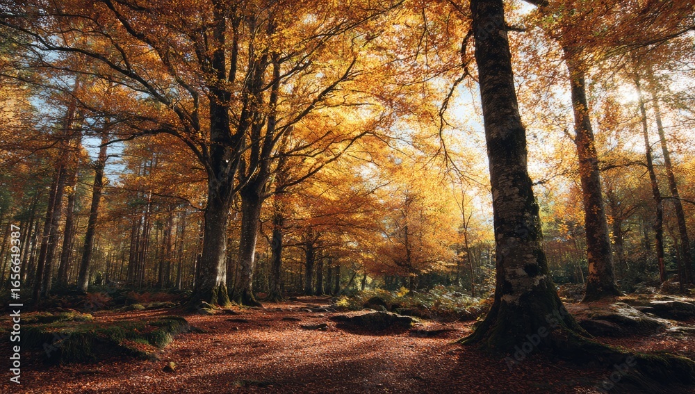 Obraz premium Autumn forest path bathed in sunlight (1)