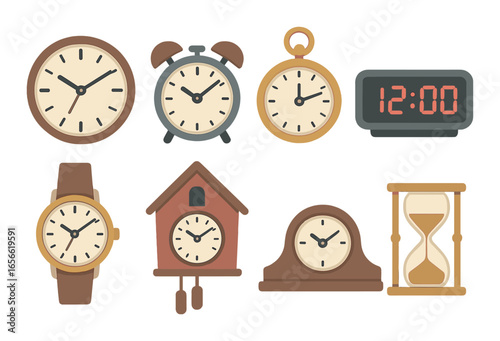 Retro and modern clocks collection featuring watches and hourglass on wooden background