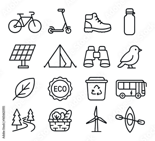Outdoor adventure icons: bicycle, scooter, hiking boots, eco-friendly symbols