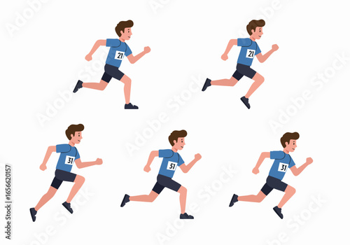Animated male runners in blue sportswear with race bibs, depicting athletic competition and a healthy lifestyle on a clean white background.
