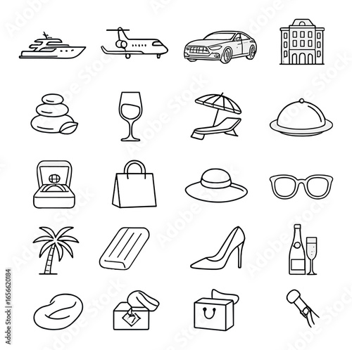 Luxury icons set featuring yacht plane luxury car hotel and more
