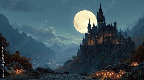 Old spooky castle on full moon night with pumpkins and eerie glow