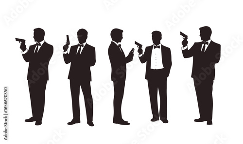 Silhouettes of five men in formal suits and bow ties holding pistols in various shooting poses isolated on white background vector illustration