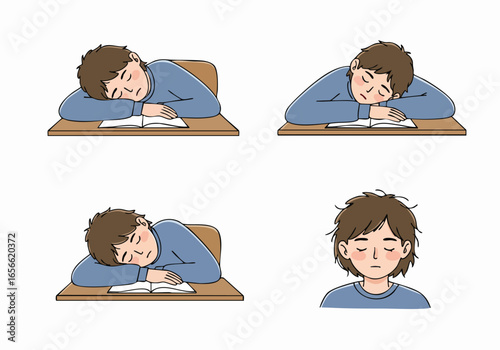 Set of cartoon illustrations featuring a tired student or boy sleeping on his desk with an open book, and a close-up of his exhausted face.