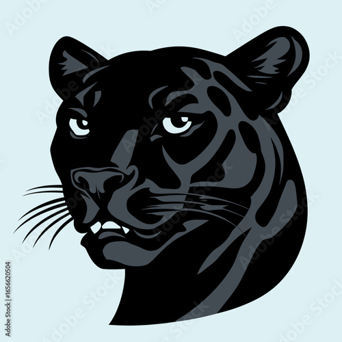 Close-up black panther head vector illustration with yellow eyes and minimalist flat design on light blue background for wildlife and predator concept