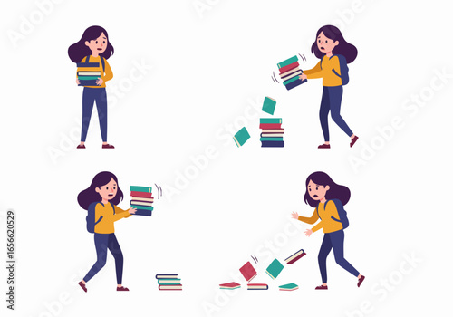 A young female student drops a stack of books, symbolizing the struggle of being overwhelmed with academic workload or stress.