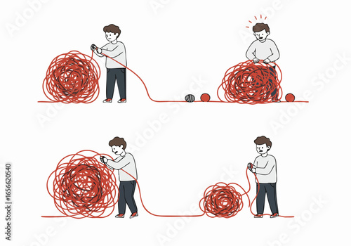 Conceptual illustration showing a person untangling a messy red ball of thread, representing the journey of problem-solving and achieving clarity.