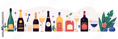 Cartoon style alcohol bottles and glasses set with champagne cognac brandy martini and wine in flat minimalist vector style on white background