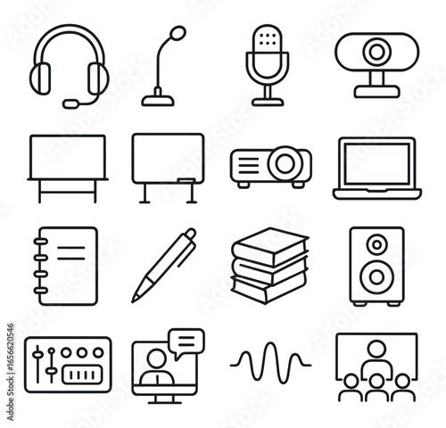 Home office technology icons: headset, microphone, laptop, projector, notebook, pen, online meeting, speaker