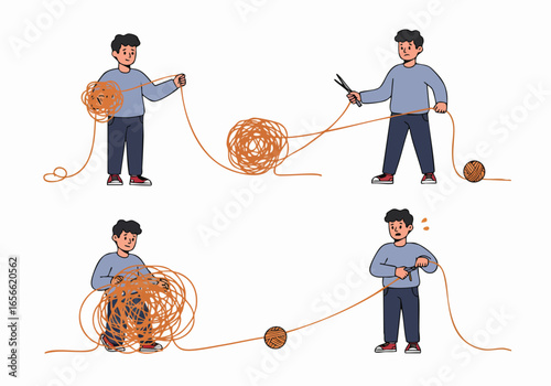 A man's struggle with a complex tangled yarn, illustrating the journey from overwhelming problems to finding a simple solution.
