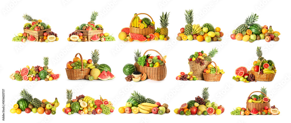 Fototapeta premium Different fresh fruits isolated on white, set