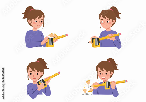 How to sharpen a pencil: A cheerful girl uses a sharpener, showing the process with wood shavings.