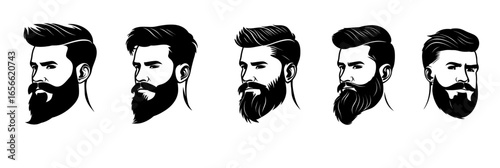 Set of five male face portraits with full beards moustaches and modern haircuts black silhouette vector in minimalist flat style for grooming and style concept