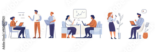 Diverse business people working collaboratively on laptops and discussing strategy in modern office and coworking space flat vector illustration