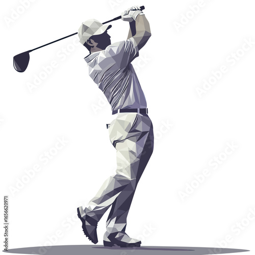 Polygonal golfer swinging golf club in minimalist flat vector style with gray tones and geometric shapes on white background for sports and leisure concept illustration