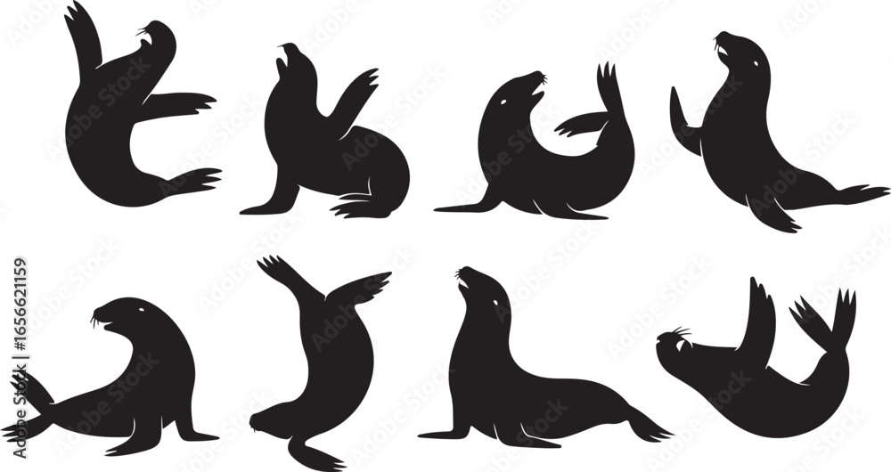 Obraz premium Silhouette Seals Vector Illustration Set of Marine Mammal Silhouettes
