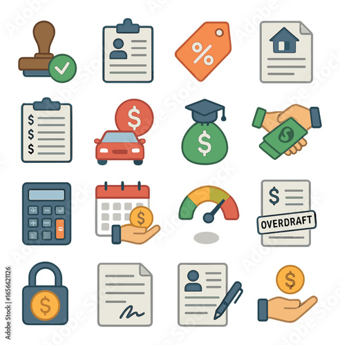Financial planning icons featuring documents, money, and calculator