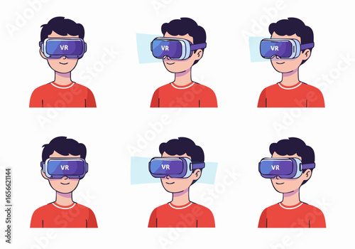 Cartoon Young Man with VR Headset Experiencing Immersive Virtual Reality