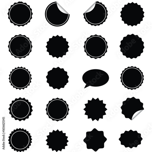 Collection of twenty black starburst and circular shapes with peeling sticker effect