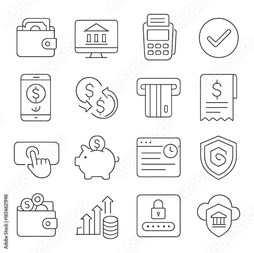 Finance and payment icons: banking, security, transactions, wallet, card, savings