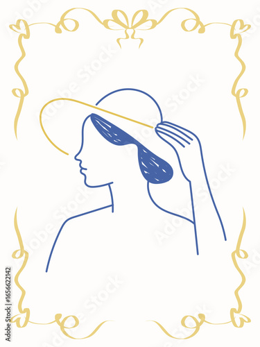Romantic Woman Character Portrait Line Doodle Art. ravel Vacation Agency Flyer Design. Mediterranean Amalfi Life Style Greeting Card. Vintage Poster Lace Frame