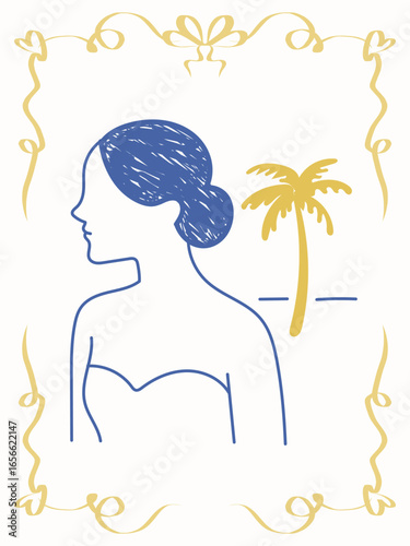 Romantic Woman Character Portrait Line Doodle Art. ravel Vacation Agency Flyer Design. Mediterranean Amalfi Life Style Greeting Card. Vintage Poster Lace Frame