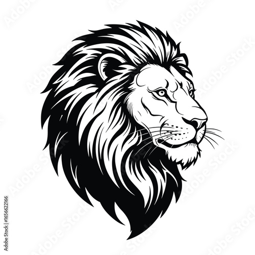 Detailed Black and White Lion Head Illustration Profile